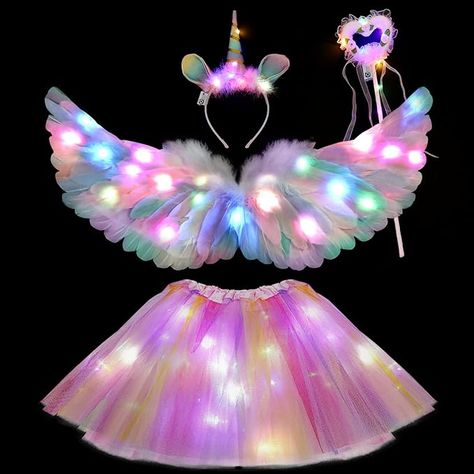 Tacobear LED Light Up Unicorn Dress Up for Girls Feather Wings Tulle Tutu Skirt Magic Wand Colorful Unicorn Headband Kids Unicorn Costume Princess Fancy Dress for Halloween Christmas Party Carnival : Amazon.co.uk: Toys & Games Unicorn Costume Kids, Led Tutu, Elf Wings, Princess Fancy Dress, Light Up Dresses, Colorful Headbands, Rainbow Tutu, Halo Headband, Unicorn Dress