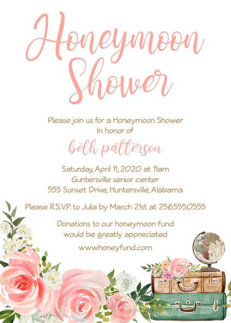 Need honeymoon money? Looking for a cute printable bridal shower invitation to help with that? Look no further! This invitation is a polite way to ask for monetary gifts from your guests to help you pay for the cost of your honeymoon. Need some money for your honeyfund? This would be perfect! Honeymoon Fund Wording On Bridal Shower Invite, Honeymoon Fund Shower Invitations, Honey Moon Fund Bridal Shower Ideas, Honeymoon Shower Invitation, Honeymoon Themed Bridal Shower Ideas, Honeymoon Bridal Shower Ideas, Honeymoon Shower Ideas, Honeymoon Fund Shower, Honeymoon Fund Wording