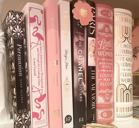 Girly Manifestation, Girly Organization, Girly Books, Megan Core, Book Corner Ideas Bedroom, Pink Aesthetic Art, Coquette Books, Books Inspiration, Megan Hess