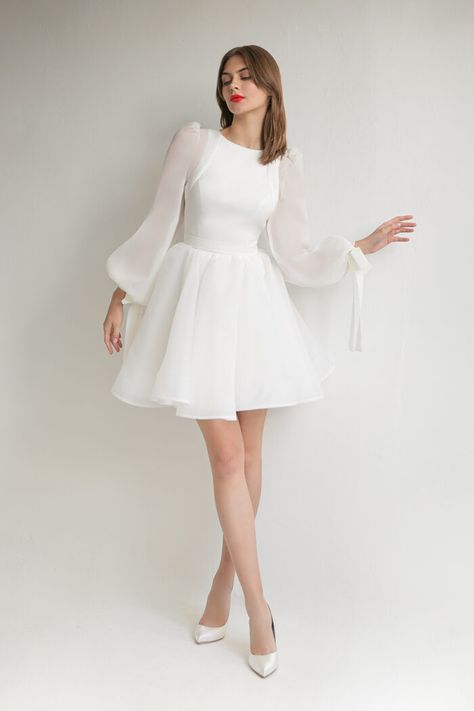 FILICI mini + ERIKA blouse / Dresses / Svadba Long Sleeve White Party Dress, Short Aline White Dress, Wedding Dress Separates Two Pieces, Short Long Sleeved Wedding Dress, Short Wedding Gowns With Sleeves, Transparent Sleeves Dress, Short Dress For Reception, Long Sleeves White Dress, Mini Wedding Dresses Long Sleeve