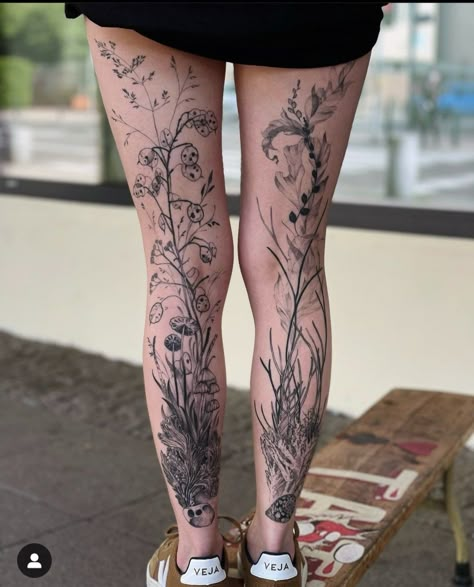 Identity Tattoo Ideas, Forest Leg Tattoos Women, Black And White Vine Tattoo, Flowers Growing Up Legs Tattoo, Leg Plant Tattoo, Botanical Tattoo Sleeve Vintage, Forest Leg Tattoo, Floral Tattoo Leg, Wildflower Leg Tattoo