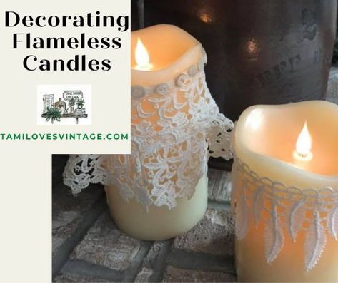 Hi, friends! Today I have a really quick and easy project for you. I am working on decorating flameless candles and I wanted to share how it do it! These candles make the perfect addition to your vintage decor. So grab a couple of faux candles, some pretty lace, and your glue gun. And let's get crafting! Faux Candles Decor, Flameless Candles Decorating Ideas, Flameless Candle Decor, Diy Crafts Vintage, Faux Candles, Diy Vintage Decor, Led Pillar Candle, Candle Wrap, Candle Supplies