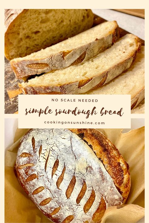 This simple sourdough bread recipe is straightforward and easy to make. With just a couple ingredients, you can make a beautiful artisanal loaf of bread at home without fussing with a scale. Beautifully crusty on the outside and soft and fluffy on the inside, this process is fool proof. Fast Sourdough Bread, Super Easy Sourdough Bread, Foolproof Sourdough Bread, Sourdough Loaf, Easy Fool Proof Sourdough Loaf Bread, Easy Fast Sourdough Bread, Fool Proof Sourdough Bread, How To Make Sourdough Bread Without Dutch Oven, No Fail Sourdough Bread