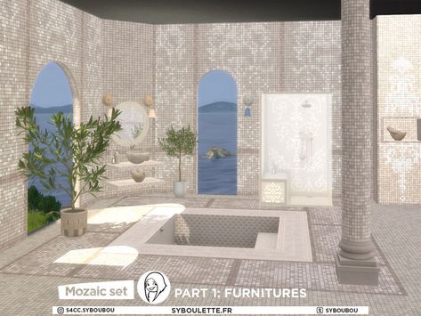 The Sims Resource - Patreon Release - Mozaic bathroom set (1/3: Furnitures) Sunken Bath, Niche Shelves, Sunken Bathtub, Mosaic Texture, Round Tiles, Tiles Bathroom, Small Closets, Media Furniture, Shower Cabin