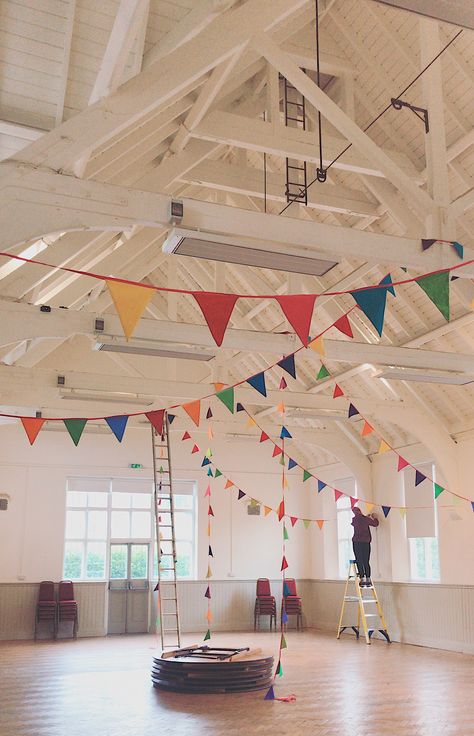 Available to hire mainland UK Party Set Up Ideas Indoor, Village Hall Party, Bunting Aesthetic, Diy Rainbow Decorations, Mermaid Palace, Indoor Party Decor, School Advertising, Village Hall Wedding, Village Fete