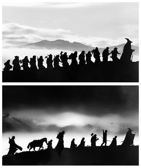 The companies of the Hobbit and LOTR in silhouette. Lord Of The Rings Black And White, The Hobbit Silhouette, The Hobbit Company, Lotr Art Minimalist, The Hobbit And Lord Of The Rings, Lotr Mural, The Hobbit Tattoo Ideas, Hobbit Silhouette, Lotr Silhouette