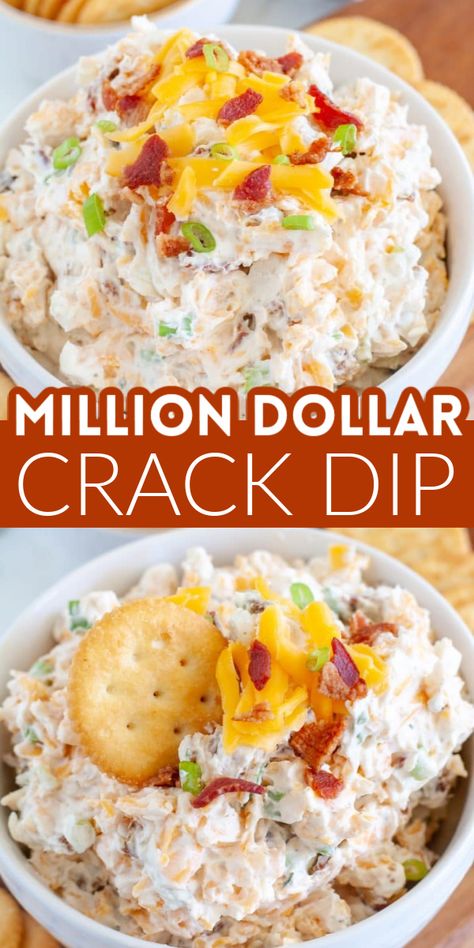 This million dollar crack dip recipe is one of the most popular dip recipes on our site. Super simple to make and full of flavor, this crack dip goes great with crackers, chips, veggies, and more. Perfect for parties, potlucks, and other occasions. Delicious Dips Recipes, Dips Recipes, Delicious Dips, Appetizers For A Crowd, Crowd Pleasing Appetizers, Party Appetizers Easy, Finger Foods Easy, Dips And Appetizers, Appetizers Easy Finger Food