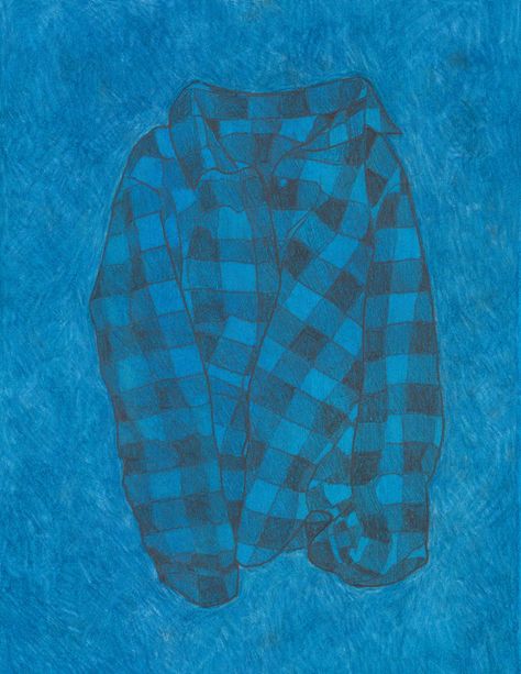 Drawing of a blue buffalo flannel. Acrylic, colored pencil and graphite on paper Flannel Reference, Drawing Flannel, Flannel Drawing, How To Draw Flannel, Flannel Drawing Reference, Blue Sketches Aesthetic, Blue Flannel Outfit Aesthetic, Flannel Aesthetic, Graphite Art