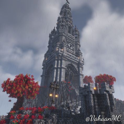 I used Vienna's City Hall Tower as the reference for this build.  Turned it into a bit of a fantasy build :) Minecraft Blackstone Castle, Dark Magic Minecraft Builds, Mega Builds Minecraft, Mega Base Ideas Minecraft, Minecraft Dark Fantasy Builds, Minecraft Dark Castle, Minecraft Fantasy Tower, Minecraft Gothic Castle, Dark Minecraft Builds