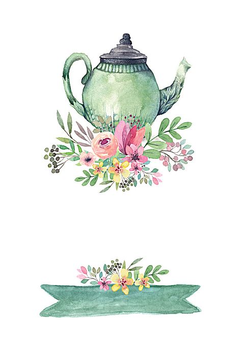 Small fresh watercolor background Tea Pot Illustration, Tea Pots Art, Plant Background, Tea Party Invitations, Bridal Tea, Tea Party Bridal Shower, Cup Art, 수채화 그림, Cat Air