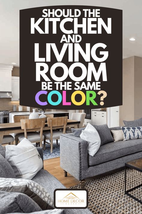 Should The Kitchen And Living Room Be The Same Color? - Home Decor Bliss Paint Color For Open Kitchen Living Room, Open Living Room And Kitchen Color Schemes, Colorful Open Concept Kitchen Living Room, Living Room Kitchen Open Concept Paint, Open Concept Kitchen Living Room Paint Ideas, Colourful Open Plan Kitchen Living Room, How To Paint Open Concept Kitchen Living Room, Open Plan Living Colour Schemes, Open Plan Kitchen Living Room Colour