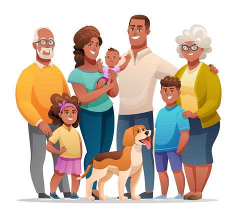 Portrait of big happy family with father, mother, grandfather, grandmother, children and a pet. Family character concept in cartoon style Family Picture Cartoon, Happy Family Pictures, Types Of Families, Story Mood Board, Extended Family Pictures, Background For Powerpoint, Big Happy Family, Smile Drawing, Background For Powerpoint Presentation