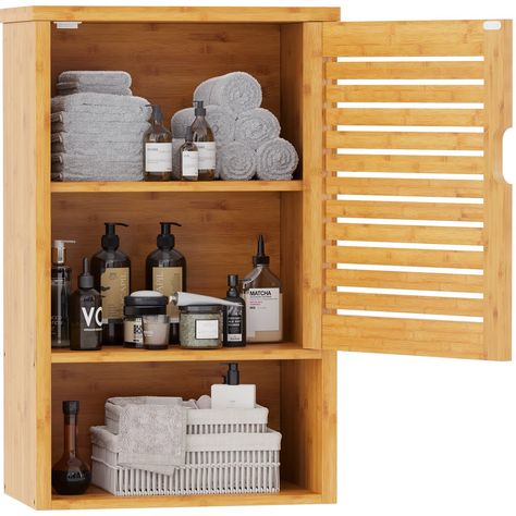 VIAGDO Bathroom Wall Cabinet, Wooden Medicine Cabinet with Single Door and Adjustable Inner Shelf, Bamboo Storage Cabinet Wal Utility Cabinet Organization, Storage Cabinet Wall, Bamboo Cabinets, Bathroom Wall Cabinet, Wall Storage Cabinets, Wood Wall Bathroom, Utility Cabinets, Bathroom Wall Shelves, Over Toilet