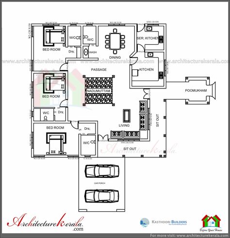 TRADITIONAL HOUSE PLAN WITH NADUMUTTAM AND POOMUKHAM - ARCHITECTURE KERALA Traditional Kerala House Elevation, Kerala Architecture Traditional, Kerala Traditional House Interior Design, Traditional House Plans One Story, Kerala Style House Plan, Traditional House Plans Kerala, Indian Traditional House, Modern Traditional House Plans, House Plans 2500 Sq Ft