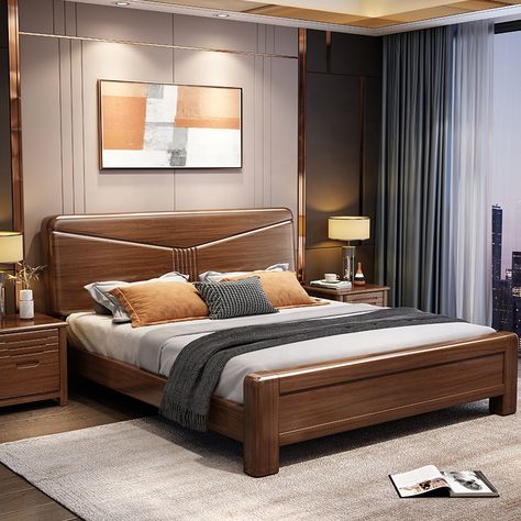 King Size Bed Master Bedrooms, Solid Wood Bed Design, Wooden King Size Bed, King Bedroom Furniture, Solid Wood Bedroom Furniture, Small Bedroom Interior, Headboard Shapes, Walnut Bed, Wood Bed Design