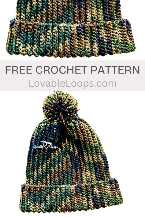 free & easy Ribbed Hat Crochet for Men Pattern camo mens hat crochet pattern mens beanie for guys with ribbed brim and pom pom