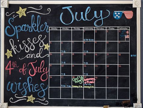 July Dry Erase Calendar Ideas, July Chalkboard Calendar, Febuary Calander Whiteboard, June Chalkboard Calendar, July Calendar 2024 White Board, Chalk Calendar, Febuary Calander Chalk, Calligraphy Calendar, Chalk Summer