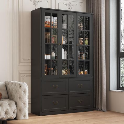 PRICES MAY VARY. [Exquisite Appearance]: This tall bookcase with 3 framed glass doors is modern style, it uses solid black boards to match with stylish bronze handles to show elegant charm. It matches well with various decors. [Durable Materials]: This bookcase is crafted from MDF board, which is durable and sturdy to hold all of your items. The shelves are adjustable with pre-drilled holes, the drawers with sliders are convenient to use, the NC painted surface is smooth and easy cleaning. [Ampl Display Storage Cabinet, Living Room Armoire, Cabinet Glass Doors, Pantry Furniture, Bookcase With Glass Doors, Black Bookcase, Wooden Living Room, Living Room Black, Doors Modern