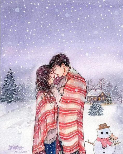 Love Story Illustration, Couple In Winter, Winter Drawing, Childhood Love, Story Illustration, Couples Christmas, Cute Couple Drawings, Canvas Painting Designs, Alien Art