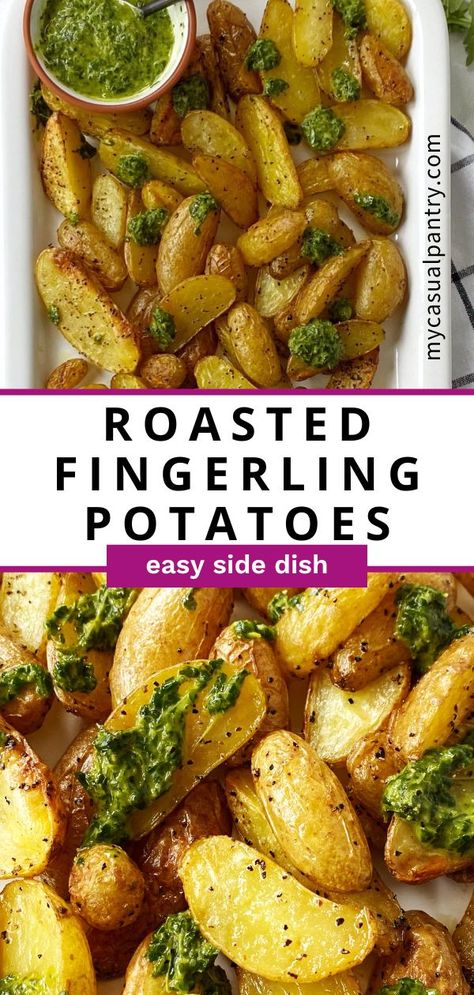 These roasted fingerling potatoes are dangerously delicious! It's impossible to eat just one... or ten! Enjoy as an appetizer or side dish. Recipes With Fingerling Potatoes, Recipes Using Fingerling Potatoes, Fingerlings Potatoes Recipes, Cooking Fingerling Potatoes, Roast Fingerling Potatoes, Fingerling Potatoes Recipes, Easy Roasted Potatoes, Roasted Fingerling Potatoes, Herb Sauce