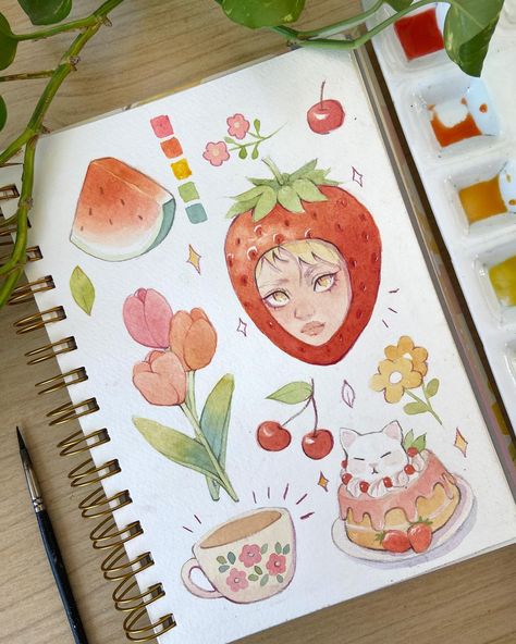 Filling up this sketchbook page with some colorful fruits and foods 🍓🍉🍒 I’m seriously thinking on turning these into stickers? What do you think? . . Llenando una hoja de mi sketch Book con algunas frutas y comidas coloridas 💖 Realmente estoy pensando en convertir esos dibujos en stickers! qué opinan? #sketchbook #sketchbookart #cuteart #watercolorart #watercolor #illustration #artistsoninstagram #artoftheday #catart #kawaiiart Quick Watercolor Sketches, Fruit Sketchbook Page, Watercolor Coloring Book, Fruit Drawing, Fruits Drawing, Sketchbook Inspo, Sketch Ideas, Sketchbook Pages, Watercolor Sketch