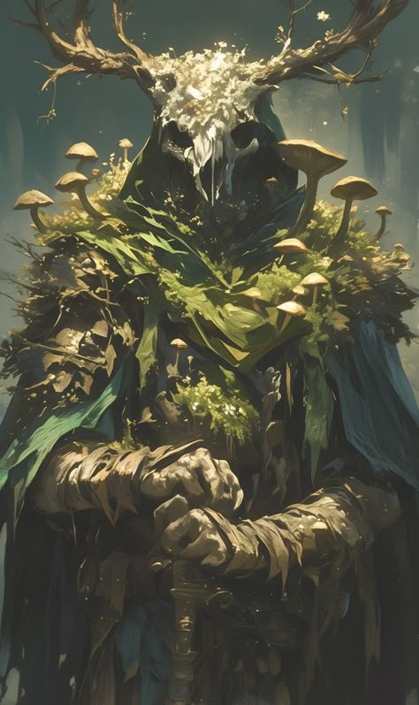 God Of Nature Fantasy Art, Nature God Character Design, Plant Character Design Male, Dnd Backgrounds Art, Druid Dragonborn, Dnd Monsters Art, Dnd Male Tiefling, Smuggler Aesthetic, Dnd Gods Concept Art