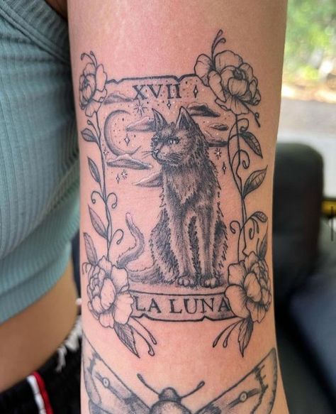 Vampire Battle Mansion Tattoo & Piercing on Instagram: "Tarot card tattoo by @withered_raccoon - DM him directly to book ✨" Black Cat Tarot Card Tattoo, Vampiric Tattoos, Cat Tarot Card Tattoo, Mansion Tattoo, Black Cat Tarot Card, Vampire Tattoo, Tarot Tattoo, Tarot Card Tattoo, Cat Tattoos