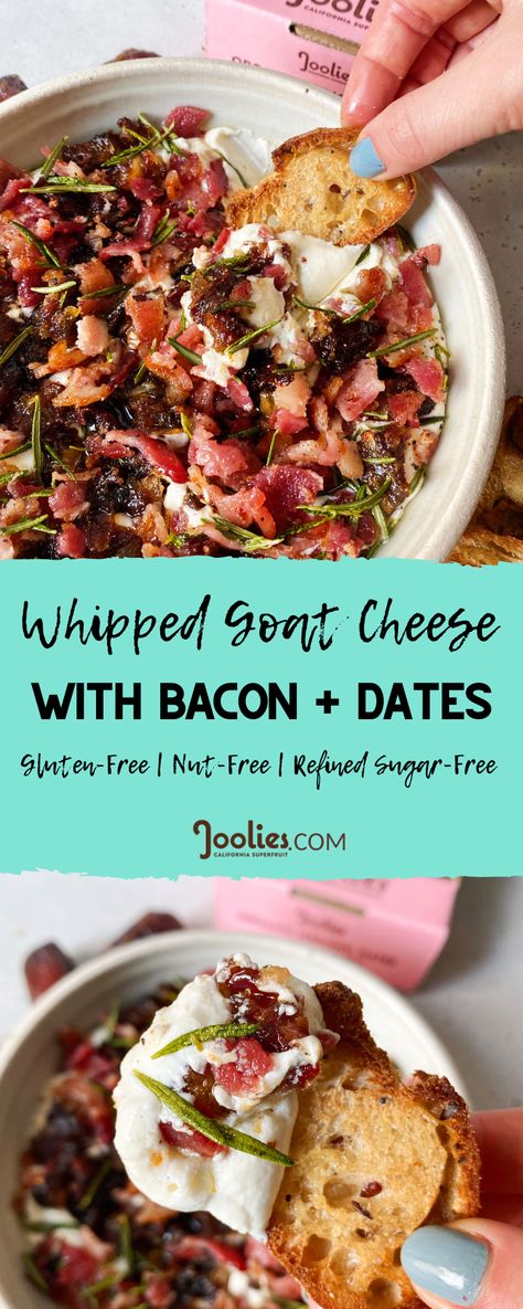 Dates Appetizer, Whipped Goat Cheese Dip, Goat Cheese Spread, Bacon Dates, Goat Cheese Dip, House Cookies, Creamy Goat Cheese, Whipped Goat Cheese, Goat Cheese Recipes