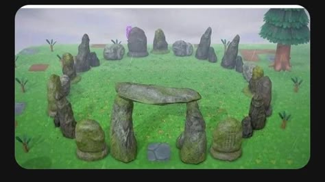 Acnh Villager Yard Size, Animal Crossing Stonehenge, Cool Animal Crossing Designs, Acnh Stonehenge Ideas, Acnh Stonehenge, Acnh Swinging Bench Ideas, Acnh Cliff Decoration, Acnh Fossil Display, Acnh Scary Designs