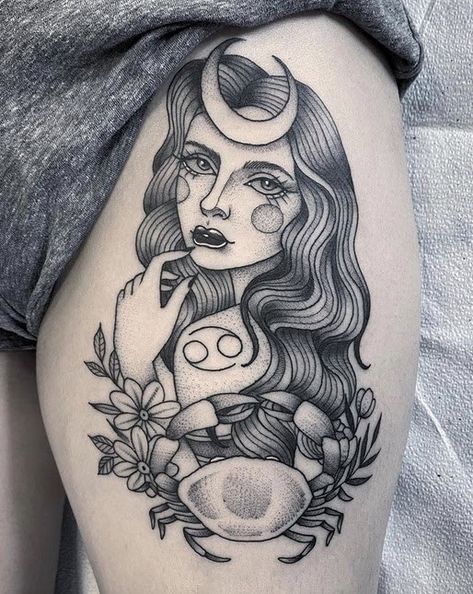 Astrology Tattoo Ideas, Cancerian Tattoo For Women, Zodiac Tattoo Ideas, Thigh Tattoo Ideas, Tattoo Zodiac, Virgo Tattoo Designs, Glyph Tattoo, Mexican Tattoo, Astrology Tattoo