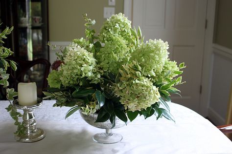 wedding table decoration with magnolia leaves and mercury glass - Google Search Hydrangea Wedding Decor, Hydrangea Centerpiece Wedding, Limelight Hydrangeas, Hydrangea Flower Arrangements, Limelight Hydrangea, Altar Arrangement, Table Arrangements Wedding, Hydrangea Centerpiece, Hydrangea Arrangements