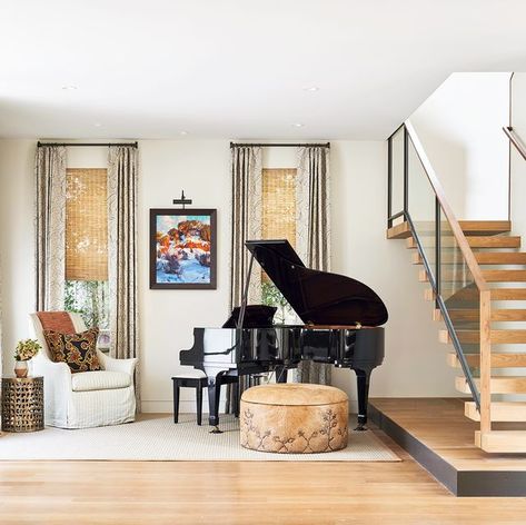 The Best Entryway Ideas of 2021 - Beautiful Foyer Designs Stylish Wall Decor, Metal Light Fixture, Gallery Wall Inspiration, Piano Room, Light Wood Floors, Foyer Design, Glass Ceiling Lights, Grand Piano, Seeded Glass