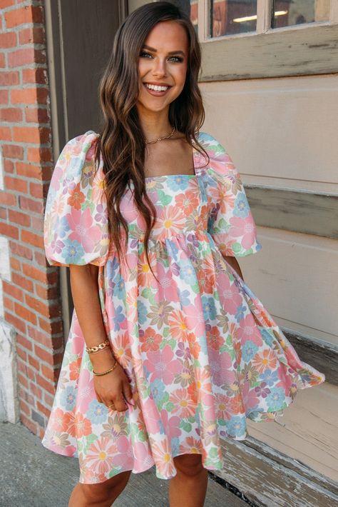 $9.42 Pink Summer Floral Square Neck Puff Sleeve Babydoll Dress Wholesale Puff Sleeve Babydoll Dress, Vestidos Color Rosa, Babydoll Style, Floral Squares, Preppy Summer, Pink Summer, Puffed Sleeves Dress, Summer Floral, Plus Dresses