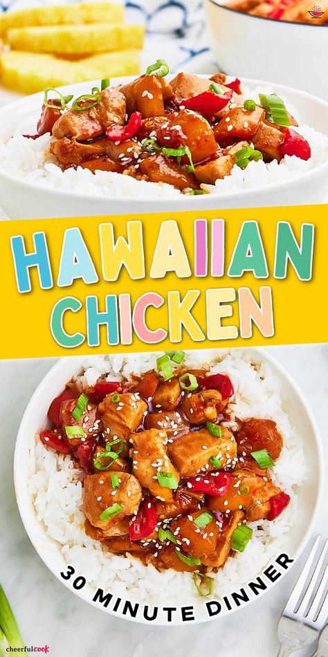 Collage of 2 closeup images of a Hawaiian Chicken Dinner served over white rice. 3 Ingredient Hawaiian Chicken, Hawaiian Chicken Tenders, Hawaiian Chicken Skillet, Sweet Hawaiian Chicken Recipe, Easy Hawaiian Chicken, Sweet Hawaiian Chicken, Hawaiian Chicken Recipe, Hawaiian Crockpot Chicken, Chicken Hawaiian