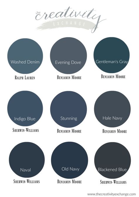 The best navy paint colors from light to dark. Cobalt Cannon Valspar, Pnw Cabin, Navy Paint Colors, Navy Blue Paint Colors, Fireplace Brick, Navy Blue Paint, Dark Blue Paint, Interior Paint Colors Schemes, Navy Paint