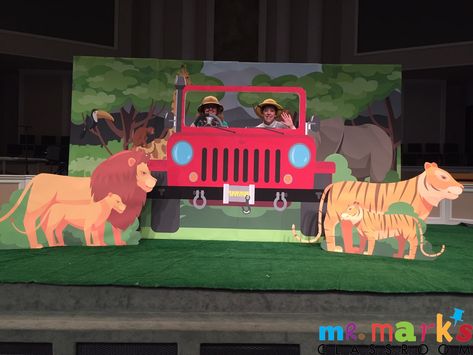 Safari Jeep with Large Cats  | Mr. Mark's Classroom In The Wild Vbs, Safari Vbs, Preschool Jungle, Vbs Jungle, Jungle Theme Classroom, Safari Scene, Safari Jeep, Jungle Decorations, Vbs Decorations