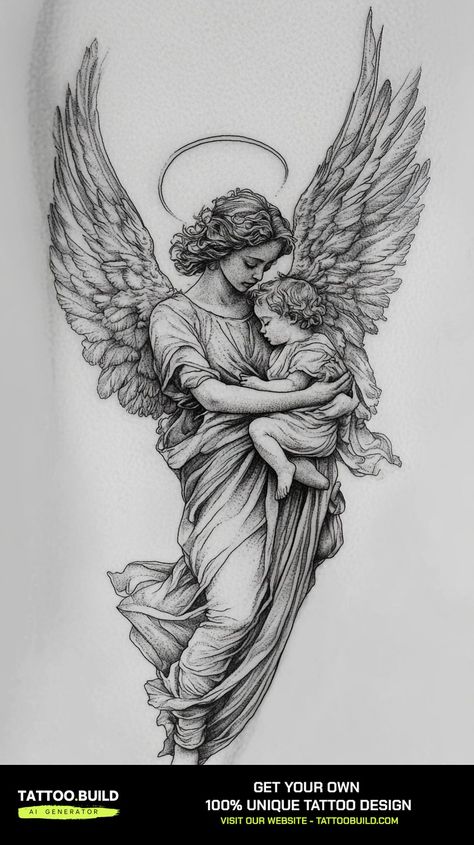 Exploring the Beauty and Symbolism of Angel Tattoos for Women - Tattoo Build Gods Angel Tattoo, Heaven Sleeve Tattoos For Women, Gardian Angel Aesthetic, Tattoo For Your Mom Meaningful, Back Tattoo Women Angel, Angel On Back Tattoo, Cool Angel Tattoos, Angel And Devil Shoulder Tattoo, Mother Angel Tattoo