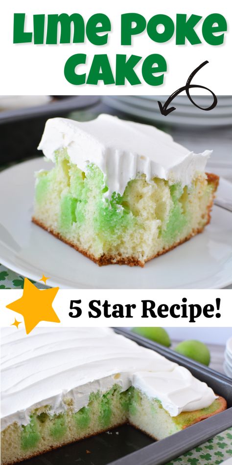 Our Lime Poke Cake Recipe for St Patrick's Day is so easy to make and can be altered to suite any occasion! #saintpatricksday #JELLOcake #pokecake #dessert #greenjello Irish Poke Cake St. Patrick's Day, St Patricks Day Poke Cake Recipes, St Patrick’s Day Poke Cake, Green Poke Cake, St Patrick’s Day Cake, Lime Jello Poke Cake, Key Lime Poke Cake, Jello Poke Cake Recipe, Lime Poke Cake