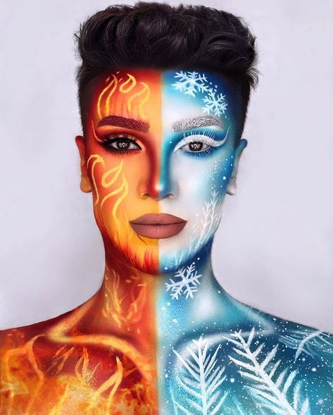 Fire And Water Makeup, Fire And Ice Couples Costume, Fire And Ice Makeup Looks, Fantasy Makeup Easy, Fire And Ice Makeup, Vintage Makeup Products, Fire And Ice Costume, Ice Costume, Ice Makeup