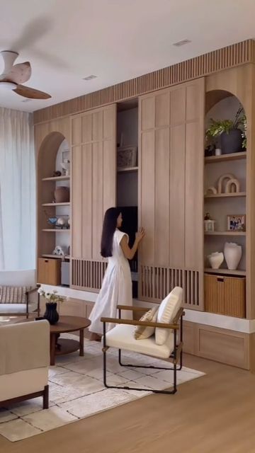 Hidden Tv Cabinet, Studio Apartment Living, Hidden Tv, Japandi Living, Tv Wand, Living Tv, Muebles Living, Living Room Design Inspiration, Kids Interior Room