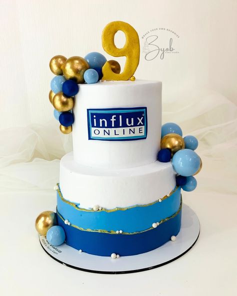 Made this corporate two tier elegant cake for the 9th anniversary of @influx.online 🎂✨ [ corporate cakes, byob cake studio, cakes for company, anniversary cakes, two tier cakes, delhi baker, noida baker, cakes for him ] #byobcakestudio #noidabaker #corporatecake #cakeideas Company Anniversary Cake Ideas, Corporate Cake Ideas, Work Anniversary Cake, Company Anniversary Cake, Two Tier Cakes, Leaving Cake, Bakery Quotes, 11 Cake, Tire Cake