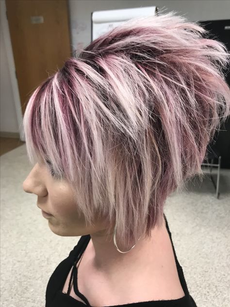 Asymmetrical Graduated bob Inverted Graduated Bob, Short A Line Hairstyles, Choppy Stacked Bob Hairstyles, Inverted Bob Hairstyles With Undercut, Stacked Angled Bob Hairstyles, Asymmetrical Bob Short Edgy, Short Aline Bob, Haircuts Thick Hair, Highlighted Pixie