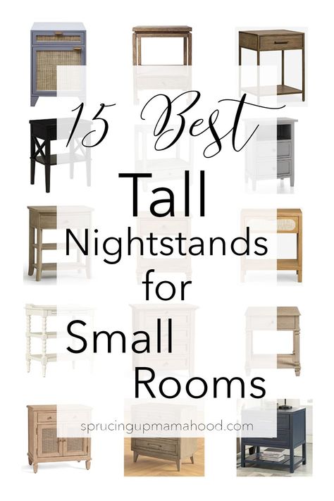 A round-up of the best 15 Tall Nightstand Ideas for Small Rooms #bedroomfurniture #nightstandoptions #smallbedrooms #narrownightstands Nightstand Ideas For Small Spaces, Tall Nightstand Ideas Diy, Bedroom Nightstands Ideas, Nightstand For Tall Bed, Tall Night Stands Bedside Tables, Affordable Nightstand Ideas, Bedside Table Ideas Small Spaces, Small Space Nightstand Ideas, Narrow Nightstand Ideas