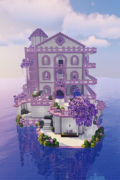 Minecraft Quartz House Ideas, Quarts House Minecraft, Minecraft Quarts Building, White And Purple Minecraft House, Lavender Minecraft House, Amethyst Room Minecraft, Big Pink Minecraft House, Pastel Goth Minecraft House, Light Blue Minecraft House