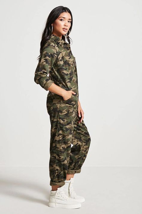 (Forever 21 City of Angels Camo Jumpsuit) HORACE AND JASPER THIS IS THE LOOK I WANT  but not camo?? Funky Fall Fashion, Camo Jacket Women, Camouflage Jumpsuit, Camo Jumpsuit, Camouflage Outfits, City Of Angels, Playsuit Romper, Jumpsuit Fashion, Fashion Stylist