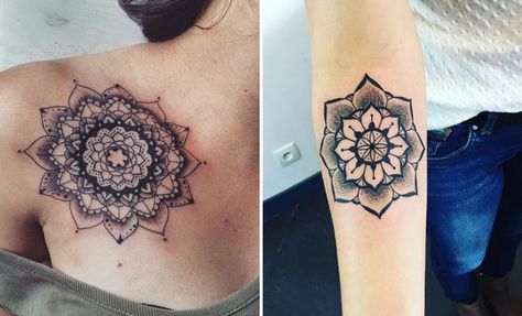 21 Trendy Mandala Tattoo Ideas for Women | StayGlam Rib Mandala Tattoos For Women, Mandala Love Tattoo, Half Flower Half Mandala Tattoo, Lace Mandala Tattoo Shoulder, Soft Mandala Tattoo, Mandala Tattoo Ideas, Mandala Thigh Tattoo, Girl Shoulder Tattoos, Lower Leg Tattoos