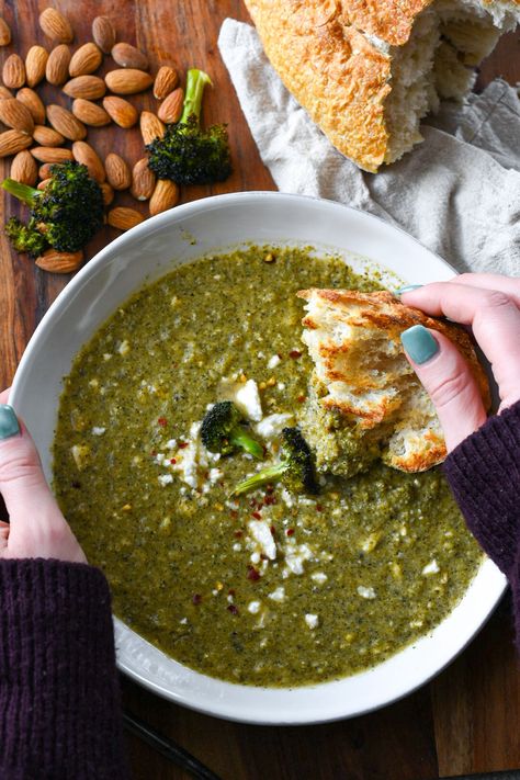 Broccoli Feta Soup With Almonds - Recipe Hippie Feta Soup, Broccoli Feta, Almonds Recipe, Red Chili Paste, Roasted Garlic Cloves, Broccoli Soup, Blanched Almonds, Roasted Broccoli, Broccoli Florets