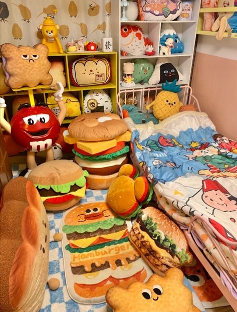 Food Themed Room Decor, Silly Furniture, Food Room Decor, Japanese Room Aesthetic Kawaii, Rilakkuma Room, Kid Core Room, Kawaii Bedding Roomtery, Mario Day, Kawaii Bedding For $40