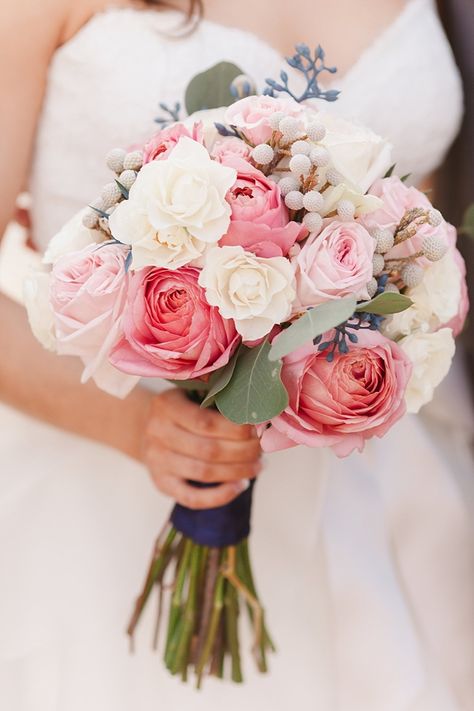 Tidewater and Tulle | A Virginia Wedding Blog: Navy Blue and Pink Wedding with Gray Chevron Brunia Berries, Wedding Flowers Navy Blue, Navy Wedding Flowers, Soft Pink Wedding, Blue Succulents, White And Pink Roses, Navy Ribbon, Bride's Bouquet, Wedding Bouquets Pink