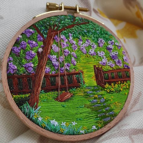 Swing under the tree embroidery Scenery Embroidery, Landscape Embroidery, Tree Embroidery, Diy Embroidery Patterns, Embroidered Art, Hand Embroidery Projects, Under The Tree, Sewing Embroidery Designs, Crafts For Girls